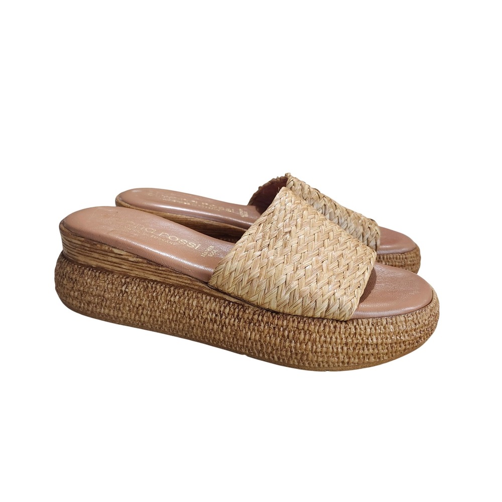 Simona Rossi Platform Slides Womens 38 Tan Woven Raffia Handmade Italy RUN SMALL